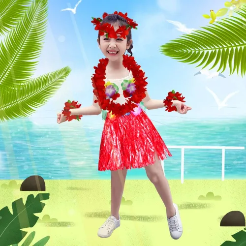 Vista 6 de Fighting to Achieve Conjunto de disfraz de falda de hierba roja hawaiana de 11.8 in para niñas