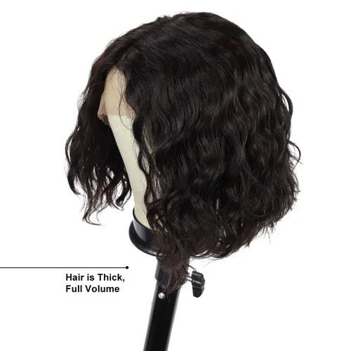 Vista 2 de Blissource Pelucas de cabello humano corto y rizado para mujeres negras, pelucas de cabello humano ondulado con parte en L, pelucas de encaje