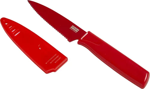 Vista 9 de Kuhn Rikon COLORI Cuchillo de pelar recto y dentado con funda de seguridad, hoja de 4 pulgadas, juego de 2, verde y amarillo