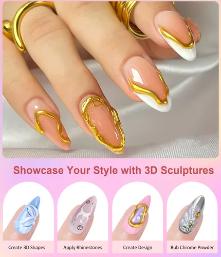 Vista 3 de Kit de polvo de uñas cromado y gel de uñas 3D BISHENGYF: 0.53 oz No Wipe 3D Sculpting Gel Aurora White Pearl Silver Gold Chrome Nail Powder