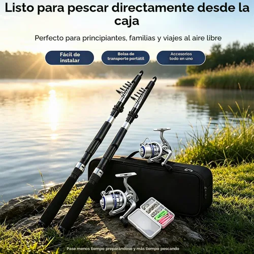 Vista 4 de Conjunto de caña de pescar, 2.1m/6.89ft, 2 piezas de cañas plegables, 2 piezas de carretes giratorios, juego de señuelos, bolsa de transporte, cañas