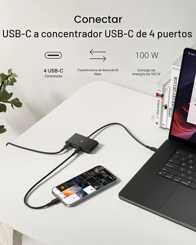 Vista 2 de Belkin Connect Hub USB C de 4 Puertos - Adaptador Multipuerto Dongle con 4 Puertos USB C 3.2 Gen 2 - Transferencia de Datos de Alta Velocidad de 10G