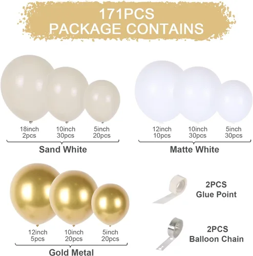 Vista 7 de Kit de guirnalda de globos de oro blanco – Kit de arco de globos de látex blanco y dorado, pared de globos de oro blanco para cumpleaños, baby