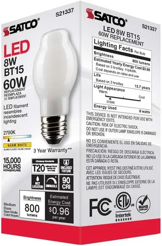Vista 8 de Satco 6Pk 8w BT15 LED 2700K base media blanca regulable - 60w equiv