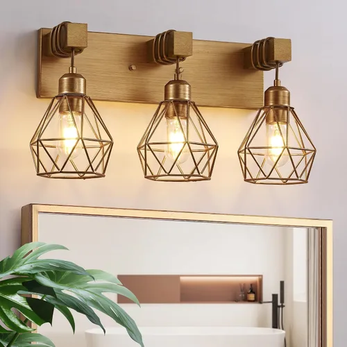 Vista 10 de Lámparas blancas para tocador de baño, luminarias de baño de madera de 2 luces sobre el espejo, apliques rústicos de pared con elegante pantalla
