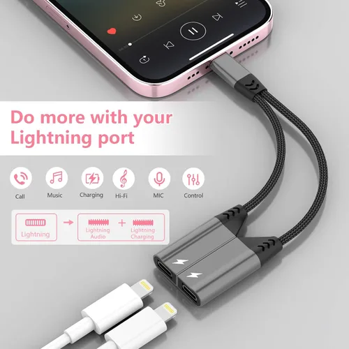 Vista 3 de Divisor de cable magnético 2 en 1 para iPhone a conector de audio Lightning dual para auriculares y cargador, adaptador de convertidor