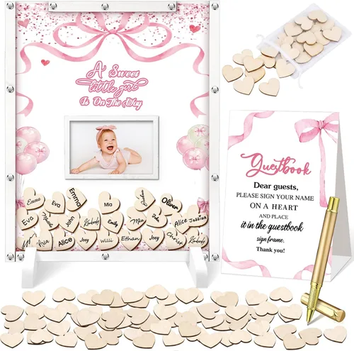 Vista 16 de Beeveer 65 piezas de libro de invitados para baby shower, libro de invitados azul para baby shower, libro de invitados con marco de fotos y 60 chips