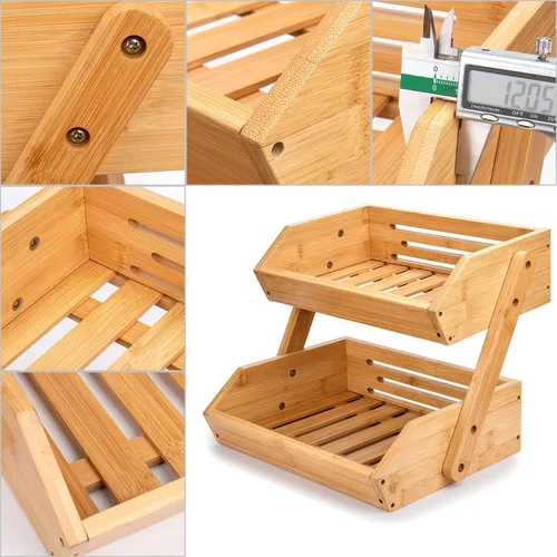 Vista 4 de Cesta de frutas de 2 niveles para cocina, soporte de bambú para almacenamiento de frutas y verduras para encimera de cocina, cesta de productos