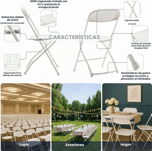 Vista 4 de BTEXPERT Silla Plegable de Plástico Blanco con Marco de Acero, Silla Comercial de Alta Capacidad para Eventos, Ligera, Set para Oficina, Boda
