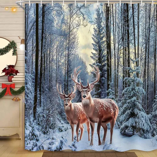 Vista 3 de MERCHR Cortina de Ducha de Nieve de Bosque Invernal, Cortina de Ducha de Pino Navideño y Venado Copo de Nieve para Baño, Decoración Festiva Navideña