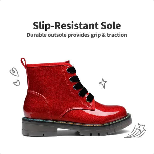 Vista 2 de DREAM PAIRS Botas de tobillo con purpurina para niñas y niños, zapatos de combate con cremallera lateral con cordones (bebéniño pequeñoniño grande)