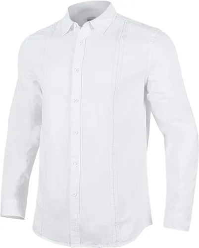Vista 3 de JEKAOYI Camisas de lino con botones para hombre, estilo casual, manga larga, ajuste regular, de algodón, con bolsillo