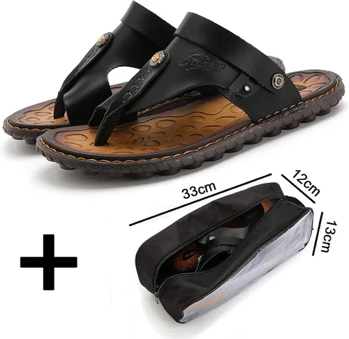 Vista 2 de Sandalias para hombre, sandalias para hombre, zapatos con anillo para el dedo del pie, casuales, de cuero, de verano, color negro