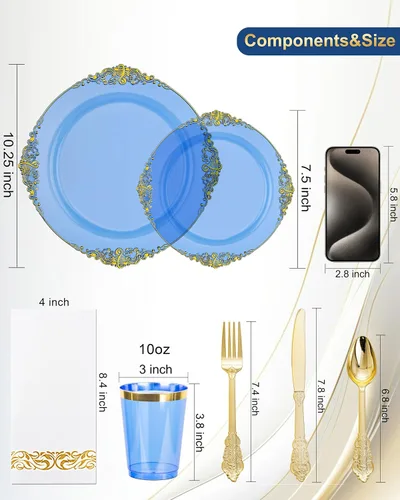 Vista 7 de Nervure 175 platos de plástico azul, juego de vajilla desechable para 25 Azul transparente