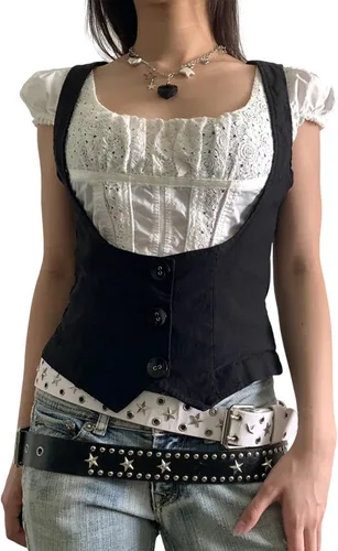Vista 3 de Chaleco punk de vaqueras para mujer, ajuste delgado, halter, cuello en V, esmoquin, trajes versátiles, Vintgae Y2K Streetwear