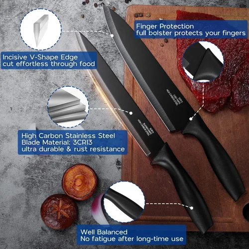 Vista 4 de Onader Juego de cuchillos de cocina negros, cuchillos pequeños afilados de acero inoxidable con tapas para cocina, 12 piezas