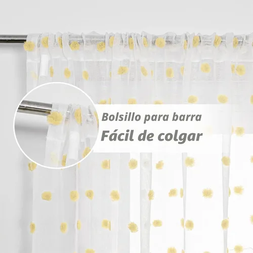 Vista 2 de MYSKY HOME - Cortinas con pompón blancas transparentes para dormitorio de niñas, cortinas amarilla mostaza para habitación infantil, cortinas