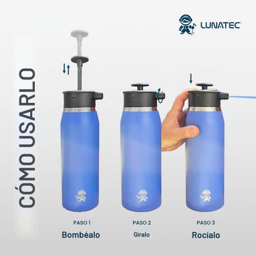 Vista 7 de Lunatec® Botella de agua con atomizador de 25.4 fl oz de niebla, ducha e hidratación. 3 en 1 enfriamiento, limpieza y bebida con patrones de niebla
