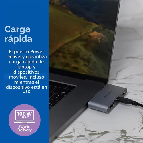 Vista 3 de Philips Concentrador multipuerto USB-C, con pantalla HDMI 4K, 10bps y 2 puertos de datos USB-A de 5 Gbps, entrega de energía de 100 vatios, conector