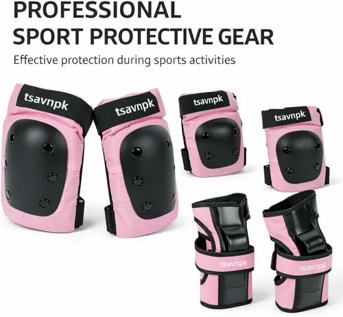 Vista 3 de Knee and Elbow Pads Set for Women & Teens – Pink Skateboarding Protective Gear with Wrist Guards, Adjustable Skate Pads for Roller Skating, Inline