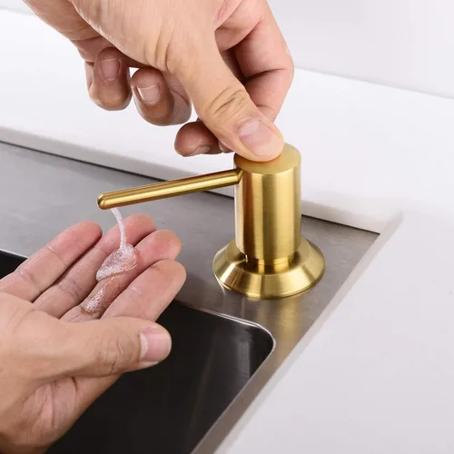 Vista 2 de Dispensador de jabón dorado para fregadero de cocina, dispensador de jabón integrado de latón, cabezal de bomba de oro cepillado, loción líquida