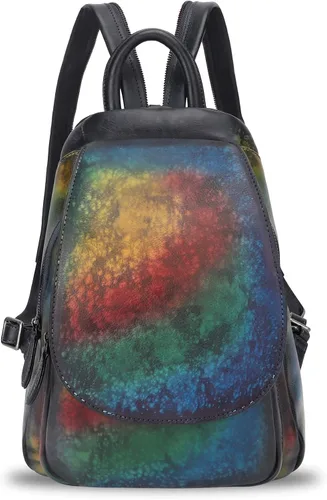 Vista 2 de LRTO Mochila de cuero genuino para mujer, mochila vintage casual para universidad, hecha a mano, mochila occidental de piel de vacuno