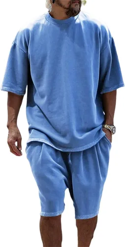 Vista 9 de Conjunto casual de 2 piezas para hombre, conjunto deportivo de manga corta, cuello redondo, camiseta y pantalones cortos, conjunto casual de dos
