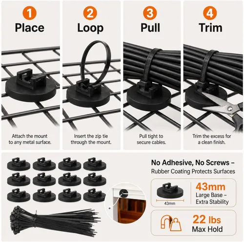 Vista 4 de Soportes magnéticos para bridas de cables, 12 bases magnéticas con 100 bridas para cables, organizador de gestión de cables multiusos para Negro
