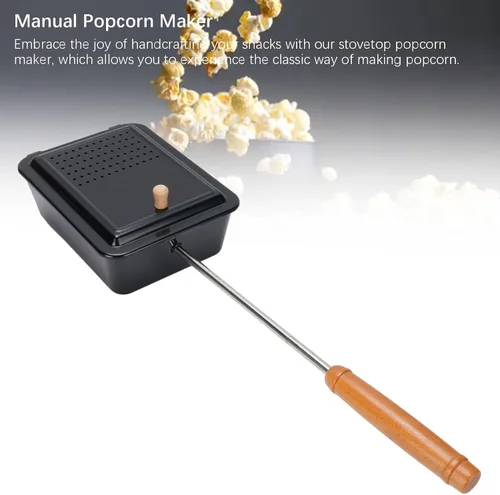 Vista 4 de Popcorn Popper - Máquina de palomitas de maíz con mango de madera de hierro fundido para patio trasero, caravana, camping y uso doméstico