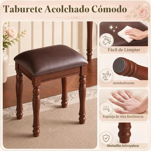 Vista 4 de Anwick Escritorio vintage con espejo de ángulo ajustable, juego de tocador de madera para dormitorio con forro de tela de terciopelo, 5 cajones