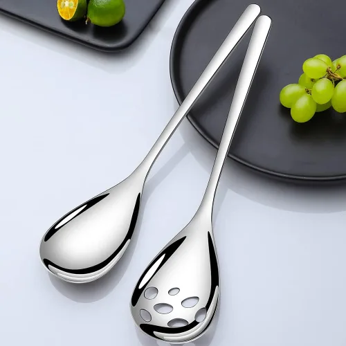Vista 6 de Juego de 2 cucharas de servir, cucharas sólidas y ranuradas de acero inoxidable de 9.4 pulgadas, utensilios de cocina extra grandes y resistentes