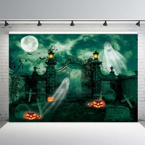 Vista 10 de MEHOFOND Fondo de fotografía de cementerio embrujado de Halloween de 7 x 5 pies, linterna gótica de fantasma, terror espeluznante, puerta
