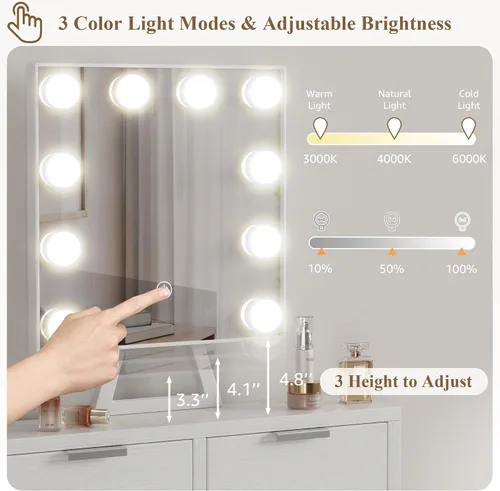 Vista 7 de BOLUO - Escritorio de maquillaje blanco con espejo de Hollywood y luces, juego de tocador para niñas con taburete, mesa de maquillaje compacta