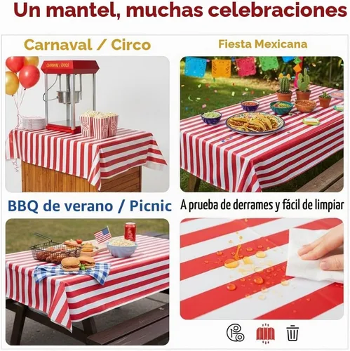 Vista 3 de Oojami Paquete de 4 manteles de plástico desechables a rayas rojas y blancas, 54 x 108 pulgadas, manteles rectangulares para carnaval, cumpleaños