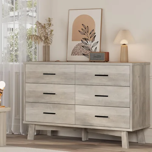 Vista 11 de Xixini Cómoda para dormitorio, cómoda moderna de 6 cajones con base resistente en forma de X, organizador de almacenamiento de ropa doble de madera