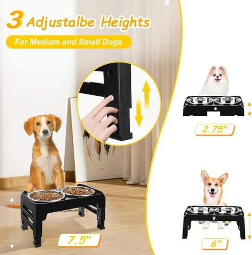 Vista 2 de Cuencos elevados para perros de 3 alturas ajustables con soporte elevado con cuencos de comida para perros de acero inoxidable de 25 oz