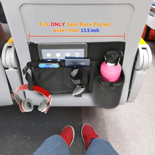 Vista 6 de Cosmos Organizador de respaldo de asiento de avión, artículos esenciales de viaje, bolsa de almacenamiento para asiento de aerolínea, bolsillos