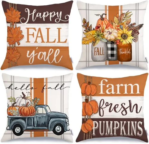 Vista 14 de GEEORY Juego de 4 fundas de almohada de camión de calabaza de otoño de 18 x Naranja y blanco