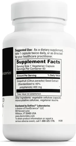 Vista 2 de DAVINCI Labs Extracto de semilla de pomelo 400 mg – Apoya la salud intestinal digestiva y digestiva – Sin gluten, vegetariano – 60 cápsulas