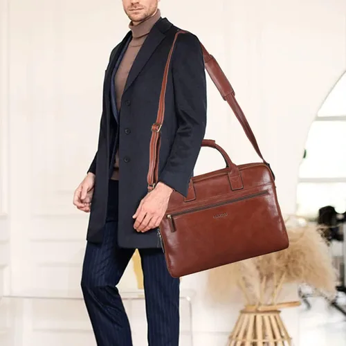 Vista 3 de Banuce Full Grains - Maletín de cuero italiano para hombre, funda para laptop de 14 pulgadas, bolsa de mensajero para negocios
