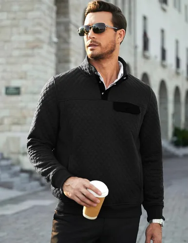 Vista 3 de JMIERR Sudadera acolchada para hombre, casual, de manga larga, cuello alto, con botones