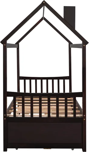 Vista 6 de Cama de madera maciza tamaño individual con techo, nido, 3 cajones de almacenamiento, sofá cama de plataforma para muebles de dormitorio, sala