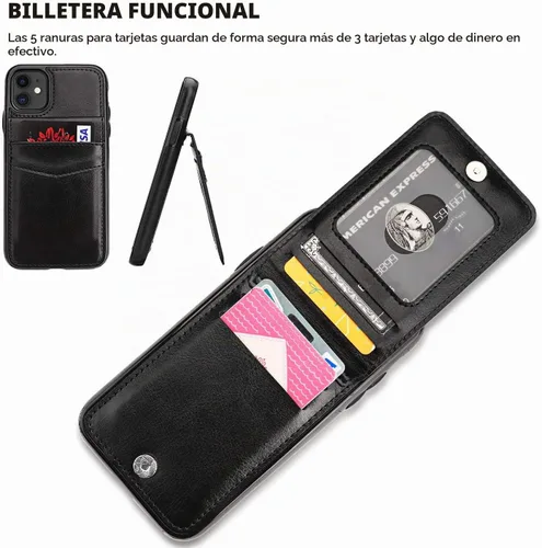 Vista 4 de KIHUWEY - Funda tipo cartera para iPhone 11, tarjetero con soporte, color negro Ranuras para tarjetas de crédito, soporte, piel sintética