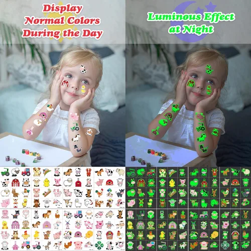 Vista 7 de 96 tatuajes temporales de animales de granja brillantes Pegatinas luminosas de tractor de granja para niños, recuerdos y decoraciones de fiesta