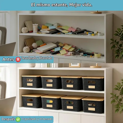Vista 7 de Contenedores pequeños de plástico con tapas de bambú de 5.2 cuartos de galón, cesta apilable para despensa, contenedores decorativos lindos