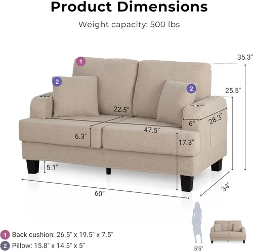 Vista 4 de HOMES: Inside + Out Reese - Moderno juego de sofá de 2 piezas con bolsillos laterales, portavasos y puertos USB, sofá suave de madera y cómodo sofá