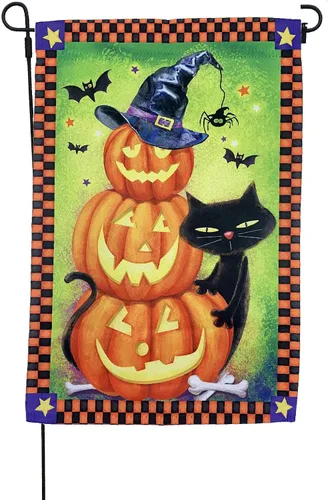 Vista 3 de Bandera de jardín de Halloween de calabazas de gato negro, 12 x 18 pulgadas, doble cara, decoraciones de Halloween, decoración del hogar, calabazas