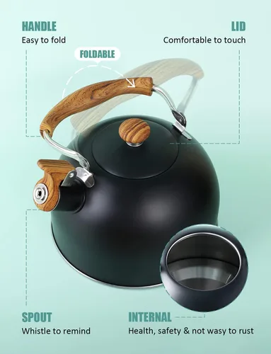 Vista 4 de Hervidor de Té, BELANKO 85 OZ / 2.5 Litros Hervidor de Té Silbante, Teteras para Estufa de Acero Inoxidable Grado Alimentario con Mango Plegable