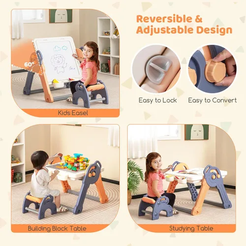 Vista 3 de Costzon Juego de mesa y silla 6 en 1 para niños, caballete de arte plegable con marcadores, borrador, 102 ladrillos compatibles, mesa de bloques