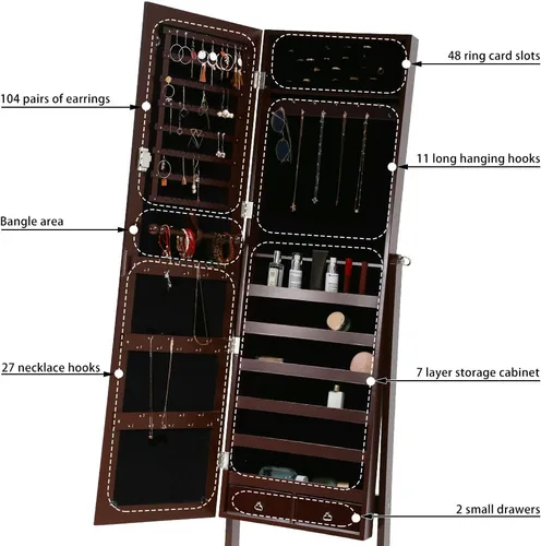 Vista 6 de FDW Armario de joyería de 61 pulgadas de alto con cerradura y 2 cajones 6 estantes espejo de 433 x 106 pulgadas organizador de joyas de alta
